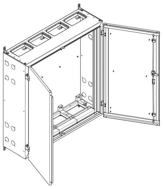 Eine Linienzeichnung eines geöffneten Elektroschranks mit mehreren Fächern und Zugangstüren, die interne Montagebefestigungen und Öffnungen zeigt.