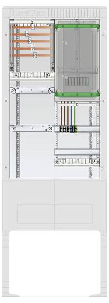 Ein vertikales Rack-Gehäuse mit strukturierter Verkabelung und Netzwerkausrüstung, sauber angeordnet und mit übersichtlicher Kabelverwaltung und gekennzeichneten Abschnitten.