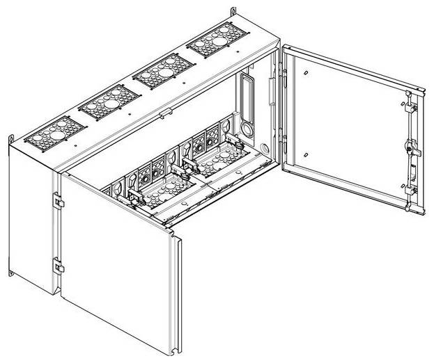 Technische Darstellung eines offenen Serverracks mit mehreren Kühlventilatoren an der Oberseite und gesicherten Fronttüren, die interne Komponenten freilegt.