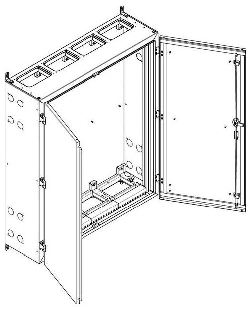 Technische Linienzeichnung eines geöffneten elektrischen Gehäuses mit zwei Türen, die den inneren Rahmen und die Montagekonstruktionen für Komponenten freilegt.