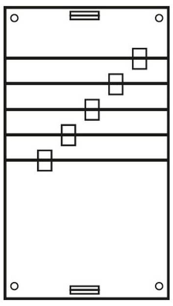 Eine Sequenz von sechs Rechtecken ist diagonal über horizontale Linien in einem rechteckigen Rahmen ausgerichtet und suggeriert Bewegung oder Fortschritt.