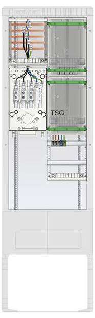 Darstellung des Innenraums eines Elektroschranks mit verschiedenen Komponenten einschließlich Verkabelung, Sicherungsautomaten und beschrifteten Abschnitten.