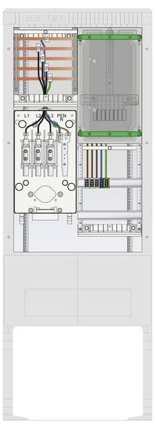 Schaltplan einer Elektroverteilanlage mit beschrifteten Komponenten, einschließlich Leitungen, Schaltern und Anschlüssen. Verteilanlage mit Abschnitten und Beschriftungen dargestellt.