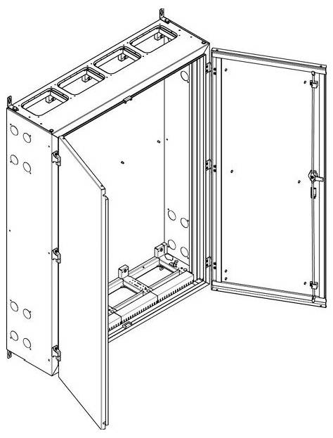 Eine technische Darstellung eines elektrischen Gehäuses mit geöffneten Türen, die seine internen Abteilungen und Montagebügel zeigt.