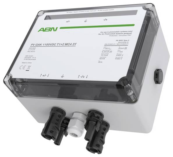 Elektrische Abzweigdose mit der Bezeichnung 'ABN' für Photovoltaikanlagen, ausgelegt für PV-GAK 1100VDC mit sichtbaren Spezifikationen und Anschlussports.
