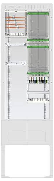 Eine technische Darstellung einer elektrischen Verteilertafel, die Schaltungskomponenten, Kabelverbindungen und Verteilungswege in vertikaler Anordnung zeigt.