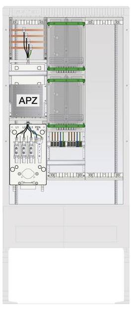 Eine vertikale Skizze eines Elektroschranks mit beschrifteten Abschnitten für Verkabelung, Sicherungsautomaten und ein APZ-Modul, die die interne Struktur darstellt.
