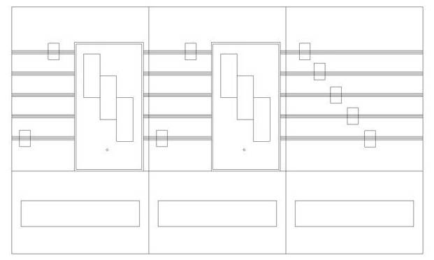 Abstraktes geometrisches Linienzeichnung mit Rechtecken und Linien, die ein visuelles Muster erzeugen. Drei vertikale Abschnitte mit unterschiedlichen Formen.