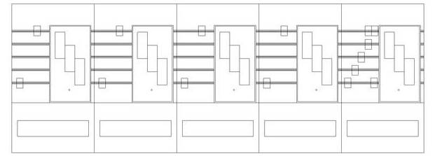 Ein schematisches Diagramm, das fünf vertikale rechteckige Komponenten mit Schaltkreisen und Anschlüssen zeigt, die in einer Reihe angeordnet sind und möglicherweise ein elektronisches System darstellen.