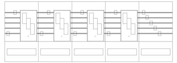 Fünf identische abstrakte geometrische Muster, die jeweils Rechtecke und vertikale Linien enthalten, in einer Reihe angeordnet, ohne Farbe oder Schattierung.