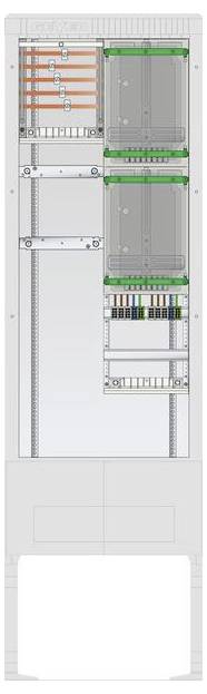 Elektrische Verteilertafel-Diagramm mit Verkabelung und Komponenten in vertikaler Anordnung. Enthält Sicherungsautomaten, Schalter und Verbindungsleitungen.