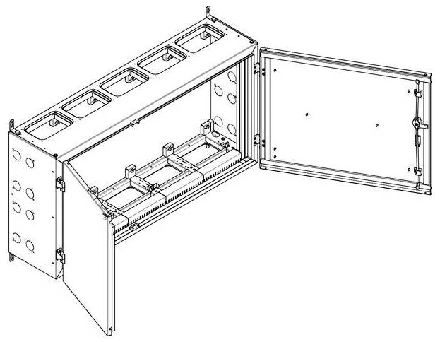 Offenes modulares Metallgehäuse mit Scharniertüren und mehreren Fächern zur Installation von elektronischen Geräten, wobei der interne Rahmen sichtbar ist.