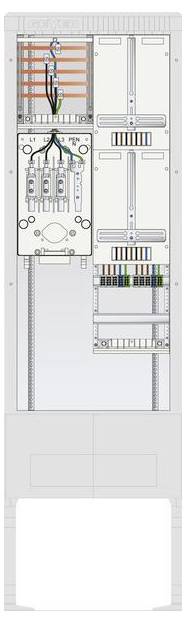 Elektrischer Schaltschrank von innen mit Verkabelung, Anschlüssen und Schaltkreisen für Systemsteuerung, mit ordentlich arrangierten Kabeln in beschrifteten Abschnitten.