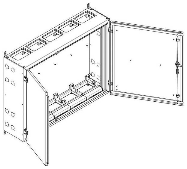 Eine technische Zeichnung, die einen geöffneten elektrischen Schaltschrank mit mehreren Fächern und Kabelkanälen zeigt, der den Zugang zu internen Komponenten veranschaulicht.