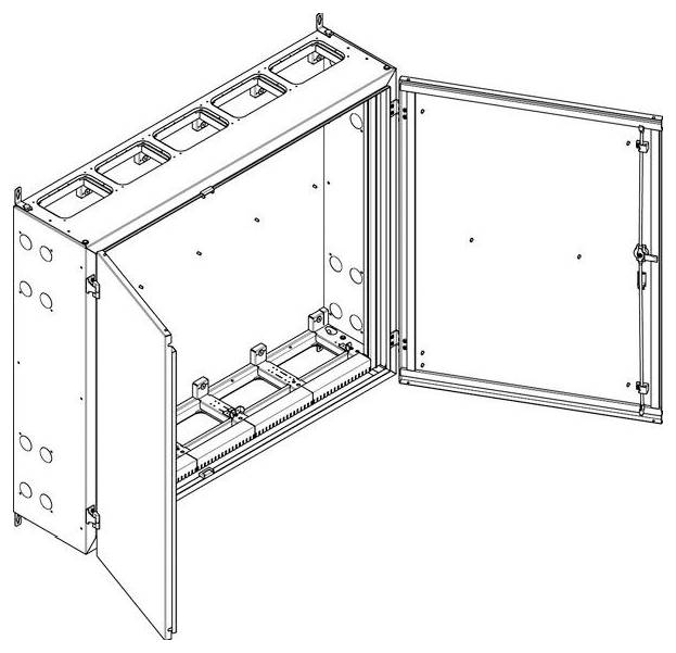 Technische Zeichnung einer geöffneten Elektroverteilerschrank mit mehreren Fächern zur Geräteunterbringung, die die Innenlayout veranschaulicht.