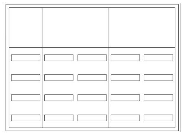 Ein leeres Raster-Layout mit drei Spalten und fünf Zeilen, das zur Organisation von Informationen verwendet wird. Jede Zelle ist leer und hat ein einfaches Umrissdesign.