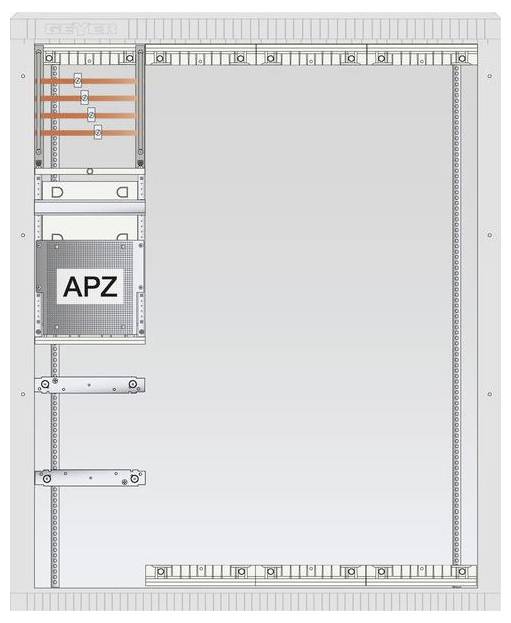 Elektrische Schalttafel mit Innenansicht des APZ-Compartments mit Verkabelung und modularen Komponenten, einschließlich Schaltern und Klemmenleisten.