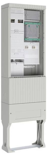 Ein hoher, vertikaler elektrischer Verteilerschrank mit offenen grauen Schranktüren, die mehrere Fächer und Verdrahtungsschlitze im Inneren zeigen.