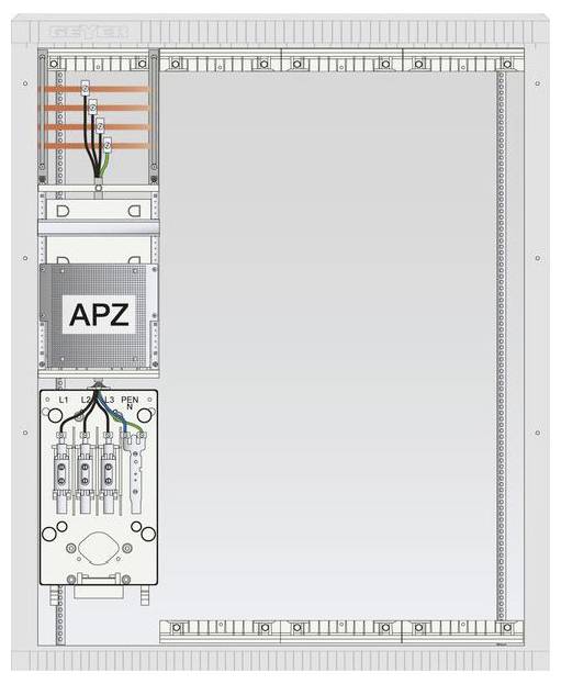 Elektrische Schaltpaneel-Diagramm mit Drähten und Anschlüssen, mit 'APZ' in einem rechteckigen Block beschriftet, mit einem Hauptanschlussbereich für L1, L2, L3, PEN.