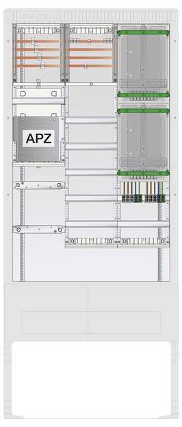 Eine Schemazeichnung eines Servergestells mit beschrifteten Komponenten, einschließlich 'APZ'. Das Layout zeigt verschiedene Bereiche für Kabel und elektronische Module.
