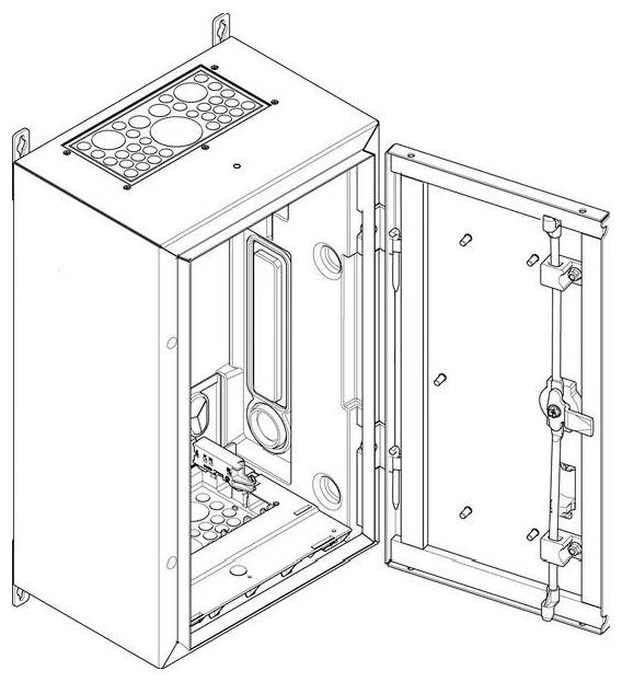Ein offener Elektroschrank mit einer detaillierten Ansicht der internen Komponenten, einschließlich Paneelen, Schaltern und Verdrahtungsverbindungen.