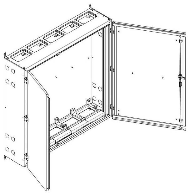 „Schaubild einer elektrischen Verteilerdose mit geöffneten Türen, die interne Fächer und Verdrahtungsraum zeigt, ausgelegt für Komponenteninstallation.
