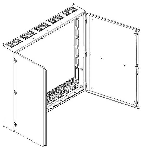 Linienzeichnung eines geöffneten elektrischen Gehäuses mit mehreren Anschlüssen und Komponenten, die die detaillierte Innenstruktur und Anordnung zeigt.