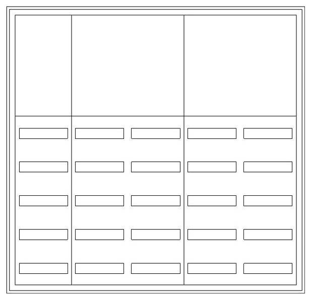 Eine leere Dreispalten-Tabelle mit fünf Zeilen, die jeweils rechteckige, unbeschriftete Zellen enthält, geeignet zur Organisation von Informationen oder Daten.