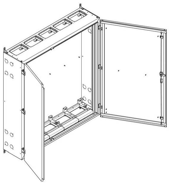 Eine technische Zeichnung eines offenen Elektroschranks mit mehreren leeren Steckplätzen, die Seitenpanels und Verdrahtungskompartimente zeigt.
