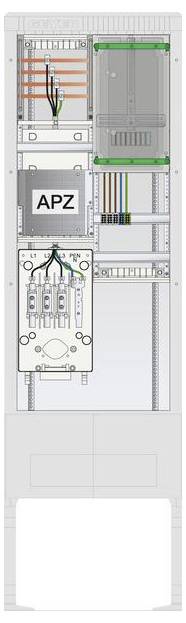 Innenansicht einer elektrischen Schaltanlage mit beschrifteten Abschnitten, Kabeln und Komponenten, einschließlich eines 'APZ'-Moduls, vertikal angeordnet.