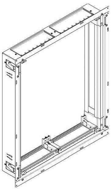 Diagramm eines rechteckigen Metallrahmens mit Griffen an den Seiten und Scharnieranschlüssen, wahrscheinlich für eine Tür- oder Fenstereinheit, die strukturelle Komponenten zeigt.