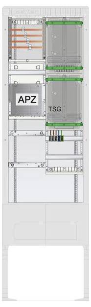Das Bild zeigt eine beschriftete Darstellung eines Telekommunikationsgestells mit Abschnitten, die mit 