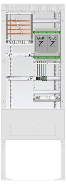 Das Bild zeigt eine elektrische Schalttafel mit Verkabelung, Sicherungen und zwei gekennzeichneten Komponenten, die mit 'OKK Z' beschriftet sind.
