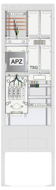 Diagramm eines Telekommunikationsgerätegestells mit beschrifteten Komponenten: 'APZ' und 'TSG'. Kabel und Schaltkreise veranschaulichen die Verbindungen.