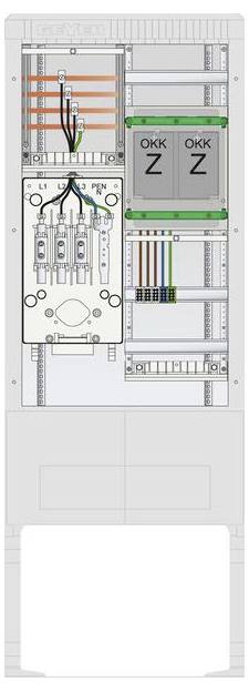 Elektrische Verteilertafel mit Darstellung der Verdrahtungsverbindungen, Sicherungsautomaten und zwei OKK-Modulen mit beschrifteten Komponenten und Verbindungen.