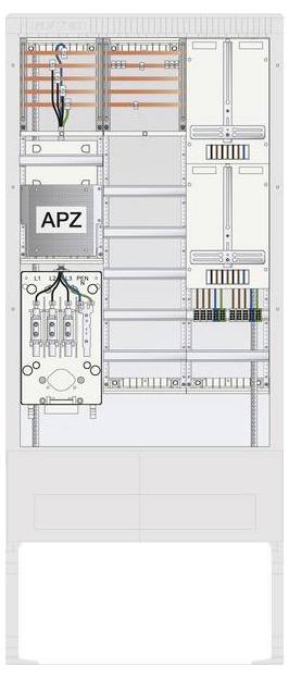 Eine technische Zeichnung eines Serverracks mit beschrifteten Komponenten einschließlich 'APZ', Verkabelung und Schaltungselementen für den Rechenzenteraufbau.