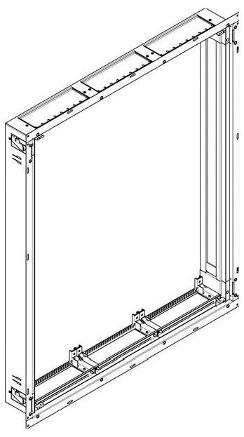 Diagramm eines rechteckigen Metallrahmens mit Befestigungshardware und Halterungen, wahrscheinlich zur Installation von Platten oder Bildschirmen verwendet.