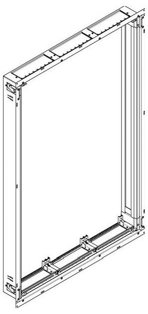 Diagramm eines rechteckigen Strukturrahmens mit Querstreben am unteren Ende, das potenzielle Konstruktionskomponenten oder Montageteile detailliert darstellt.