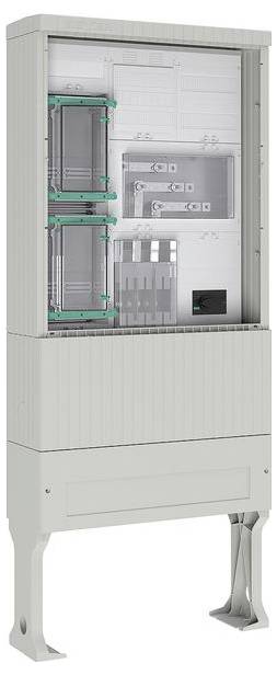 Ein elektrischer Verteilerschrank ist geöffnet und zeigt Sicherungsautomaten, Verkabelung und zwei modulare Geräte auf der linken Seite für Infrastrukturmanagement.