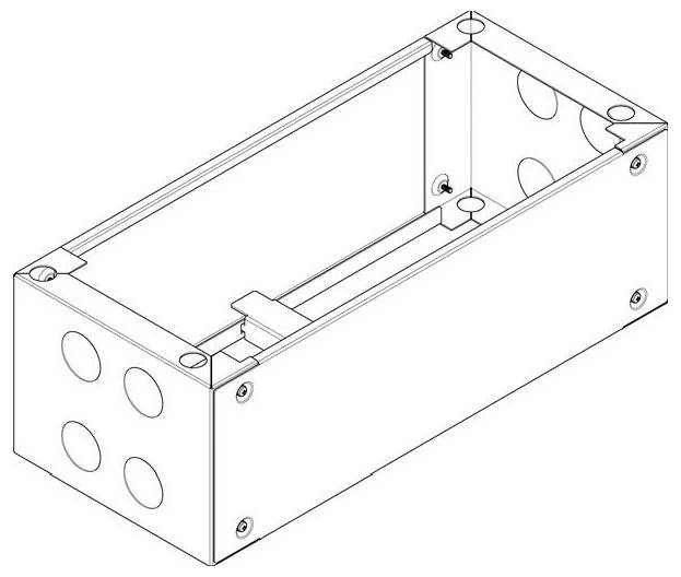Eine isometrische Linienzeichnung einer rechteckigen elektrischen Verteilerdose mit mehreren kreisförmigen Ausbrüchen und Schraubenbohrungen an ihren Seiten.