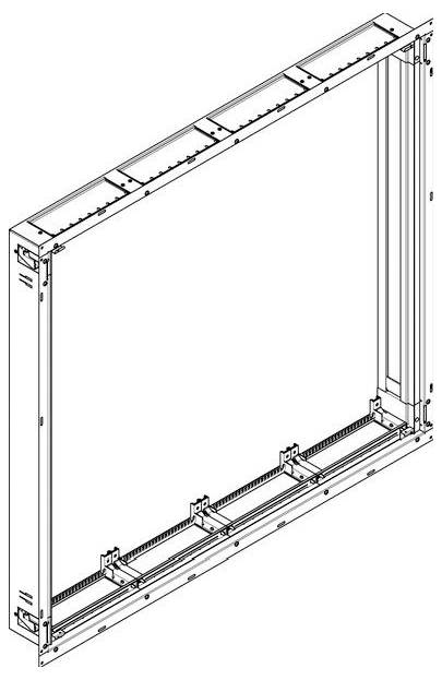 Isometrische Zeichnung eines rechteckigen Metallrahmengerüsts mit leeren Abschnitten, höchstwahrscheinlich Teil von architektonischen oder Konstruktionsplänen.