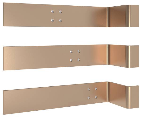Drei kupferfarbene Metallhalterungen, jede mit einem anderen geschwungenen Design und einem Muster kleiner Schrauben in der Mitte.