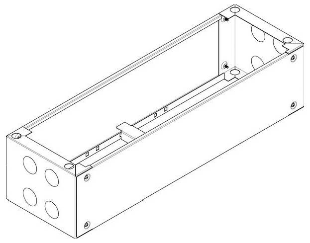 Rechteckige Metallbox mit mehreren kreisförmigen Öffnungen an den Seiten.