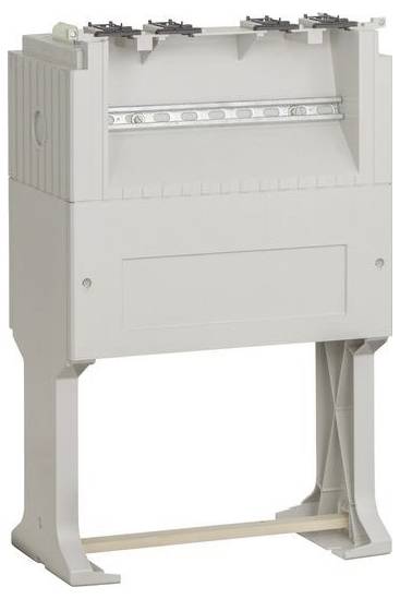 Eine weiße Elektroverteilerdose aus Kunststoff mit einer Metallschiene im Inneren, die auf einem Ständer montiert ist.