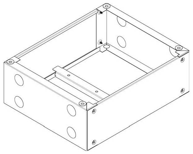 Eine Drahtrahmen-Illustration einer rechteckigen Metallbox mit kreisförmigen Ausschnitten an den Seiten und abgerundeten Ecken, höchstwahrscheinlich eine elektrische Verteilerbox.