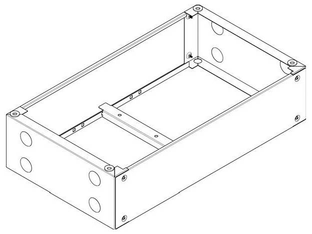 Rechteckiges mechanisches Gehäuse mit kreisförmigen Aussparungen an den Seiten und Befestigungslöchern an den Ecken, verwendet zur Aufnahme elektronischer Komponenten.