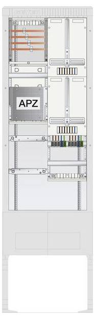 Diagramm eines Netzwerk-Serverracks mit beschrifteten Komponenten, einschließlich 'APZ', Verkabelung und verschiedenen vertikal angeordneten Modulen.