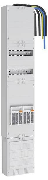 Ein verteiltes elektrisches Hauptverteilungsboard mit mehreren Sicherungsautomaten und farbigen Kabeln, die von oben herausragen, verwendet zur Steuerung von elektrischen Stromkreisen.