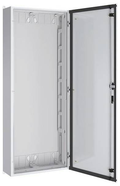 Ein offenes, leeres elektrisches Gehäuse mit einer transparenten Tür, das den internen Rahmen und die Befestigungspunkte im Inneren zeigt.