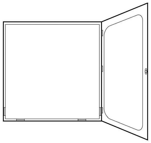 Eine Linienzeichnung einer offenen rechteckigen Box mit einer Tür mit Scharnier auf der rechten Seite, die eine Öffnung oder einen Zugangspanel andeutet.